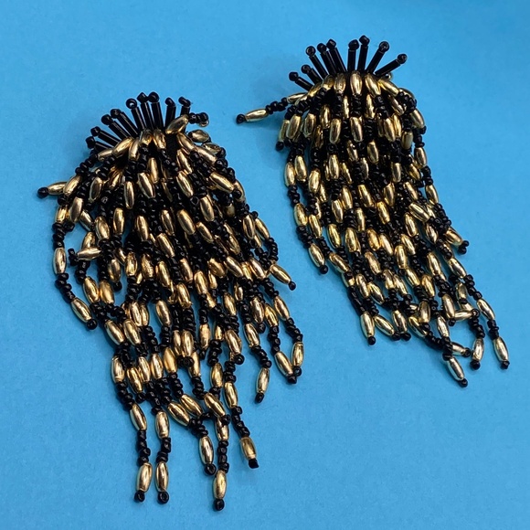 Vintage Cha Cha Seed Bead Earrings Long Two Pairs Cluster 1980's Clip Ons - Picture 7 of 9